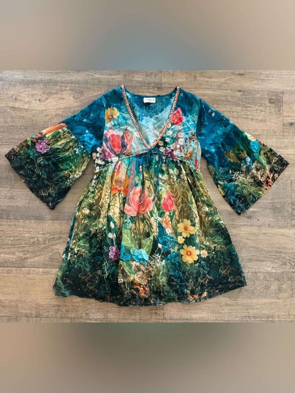 Natural Life Women’s Size XL Isabella Mini V-Neck Dress Blue Whimsical Garden